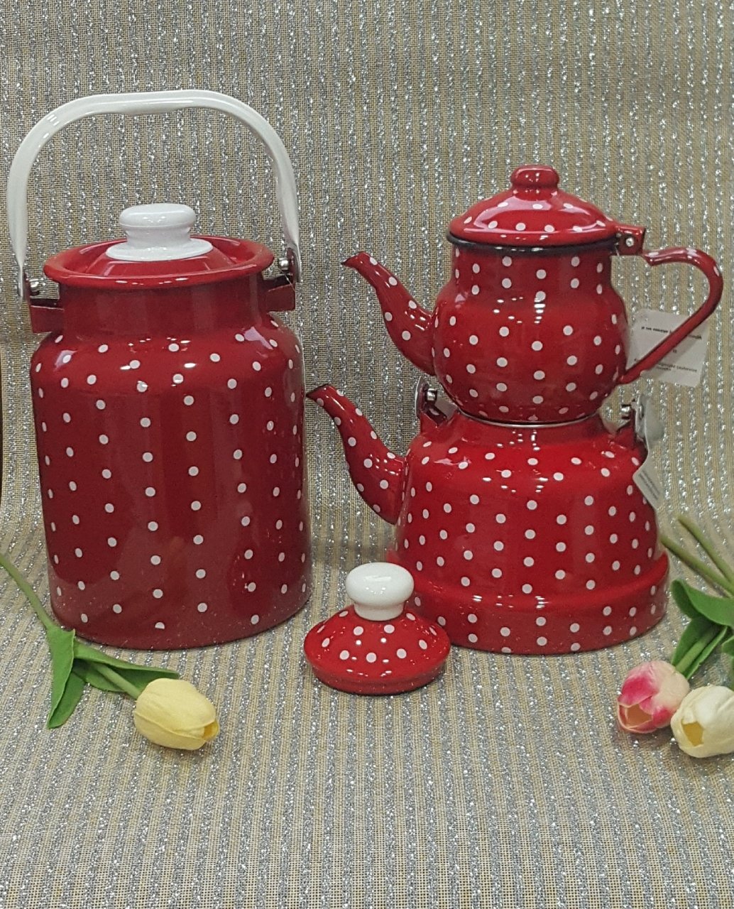 Ebru Metal Kırmızı Emaye Çaydanlık & Güğüm Set