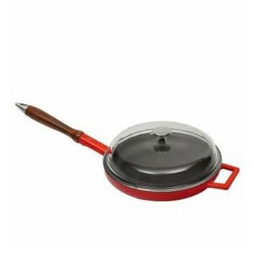 LAVA DÖKÜM KIZARTMA TAVASI, AHŞAP KULPLU, CAM KAPAKLI. ÇAP(Ø)28CM. - KIRMIZI