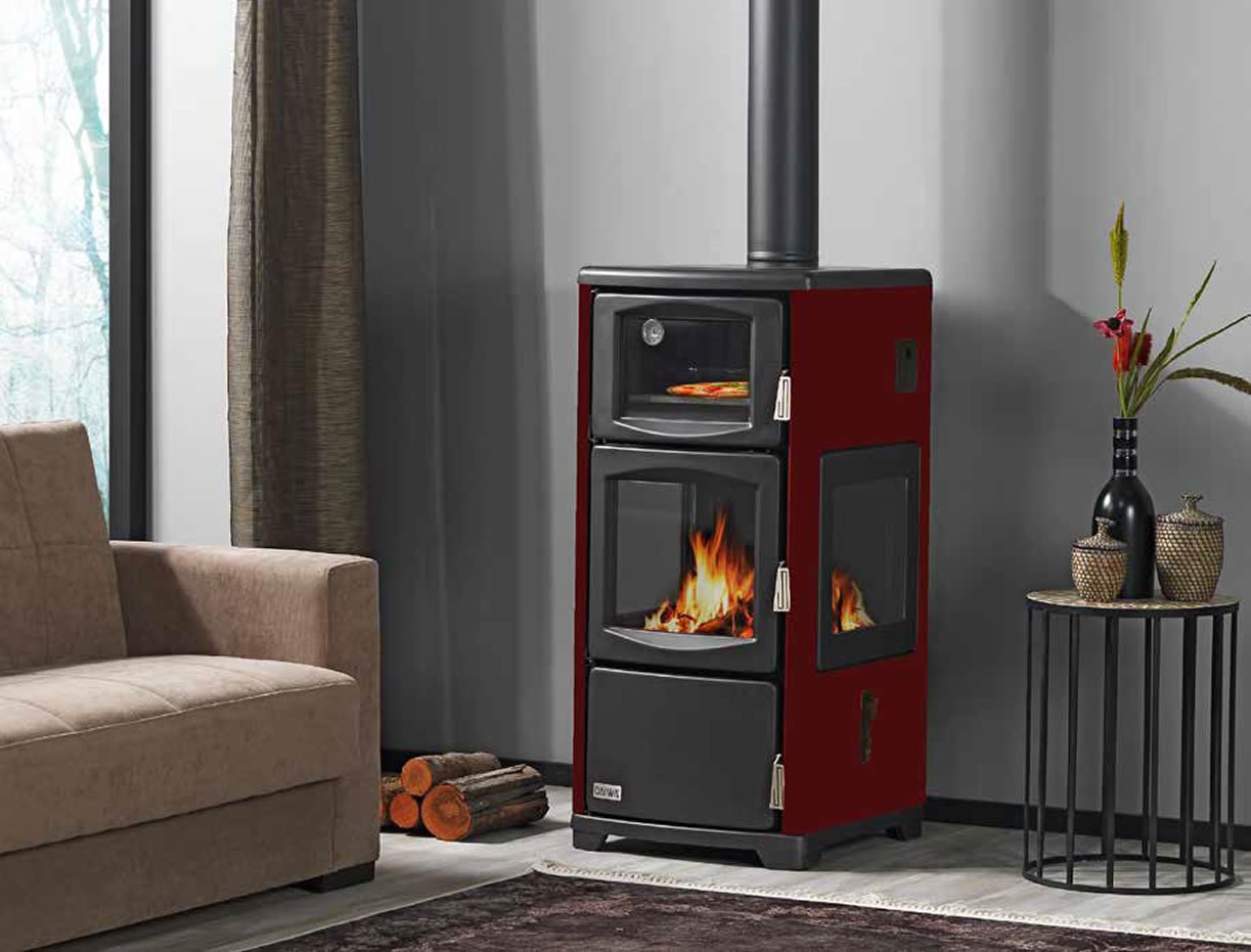 KALORİFER SOBASI 3 CAMLI KATI YAKITLI KUZİNELİ ŞÖMİNE SOBA