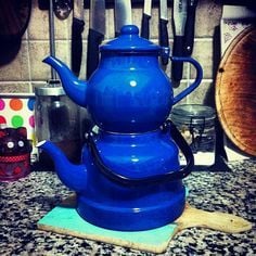 Emaye Nostaljik Orta Boy Çaydanlık Takımı - Mavi Renk Ebru Metal Orta Boy - 1.1l lt üst +2.5 lt alt