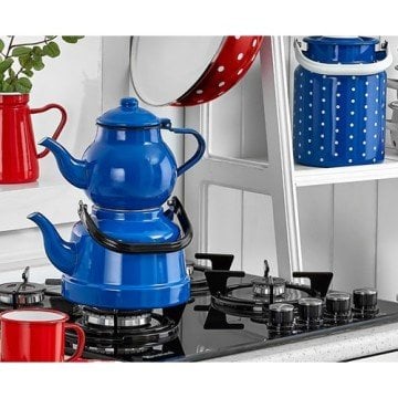 Emaye Nostaljik Orta Boy Çaydanlık Takımı - Mavi Renk Ebru Metal Orta Boy - 1.1l lt üst +2.5 lt alt