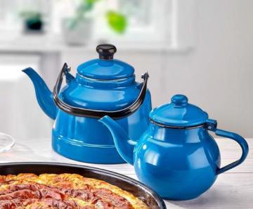 Emaye Nostaljik Orta Boy Çaydanlık Takımı - Mavi Renk Ebru Metal Orta Boy - 1.1l lt üst +2.5 lt alt