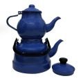 Emaye Nostaljik Orta Boy Çaydanlık Takımı - Mavi Renk Ebru Metal Orta Boy - 1.1l lt üst +2.5 lt alt