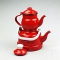 Emaye Nostaljik Küçük Boy Çaydanlık Takımı - KIRMIZI Renk Ebru Metal - 0.7 litre + 1.7 litre
